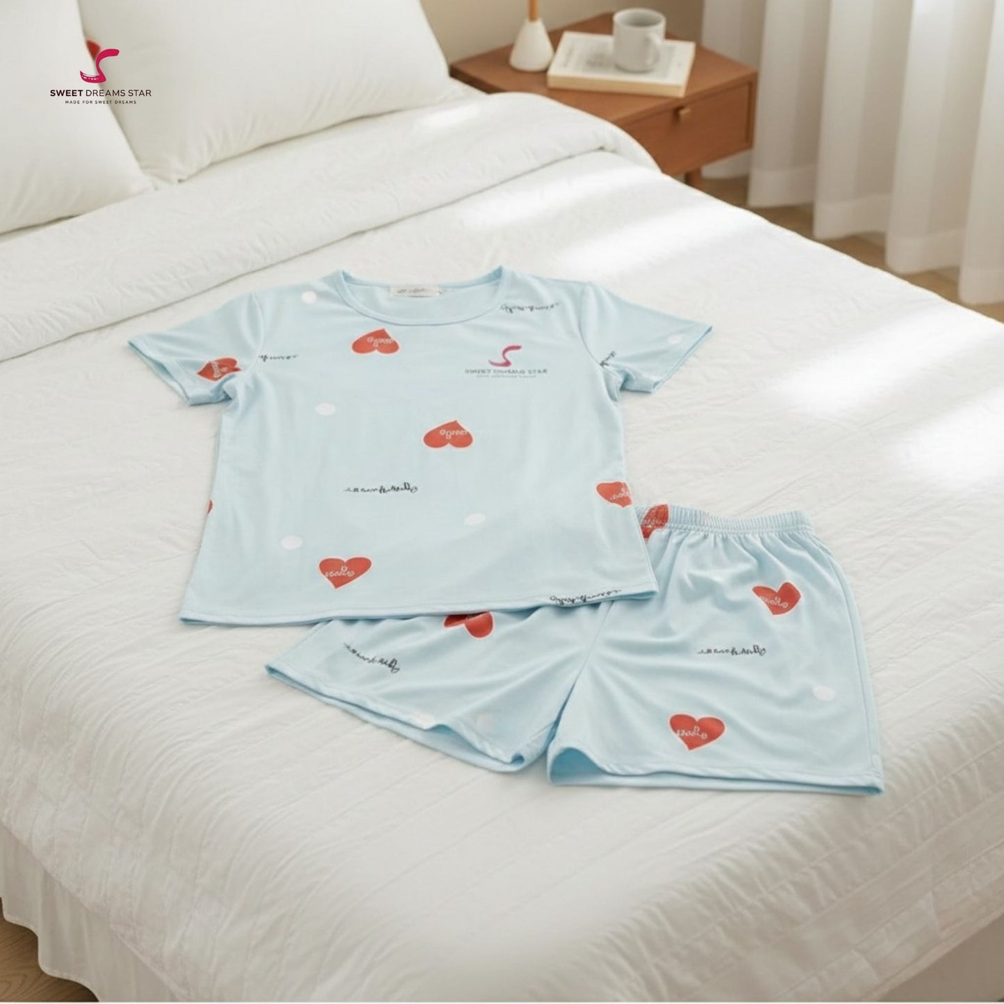 Women’s Heart Print Short Pyjama Set – Light Blue