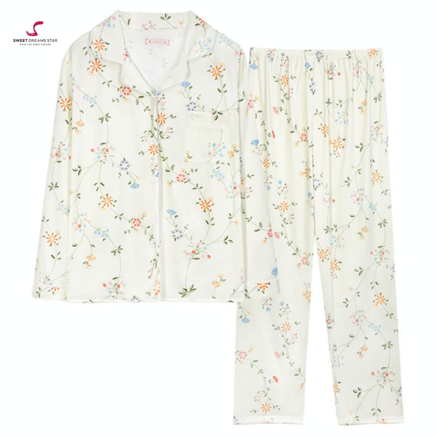 Luxury Delicate Floral Vine Print Full-Length Pyjama Set
