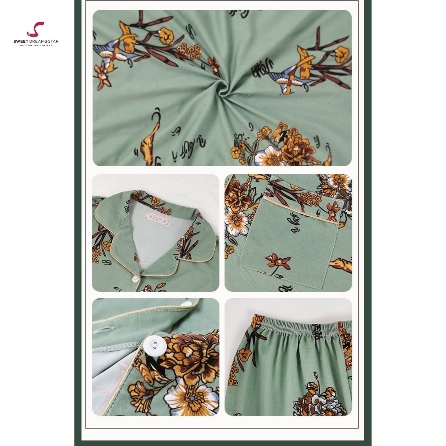 Luxury Oriental Floral & Crane Print Full-Length Pyjama Set