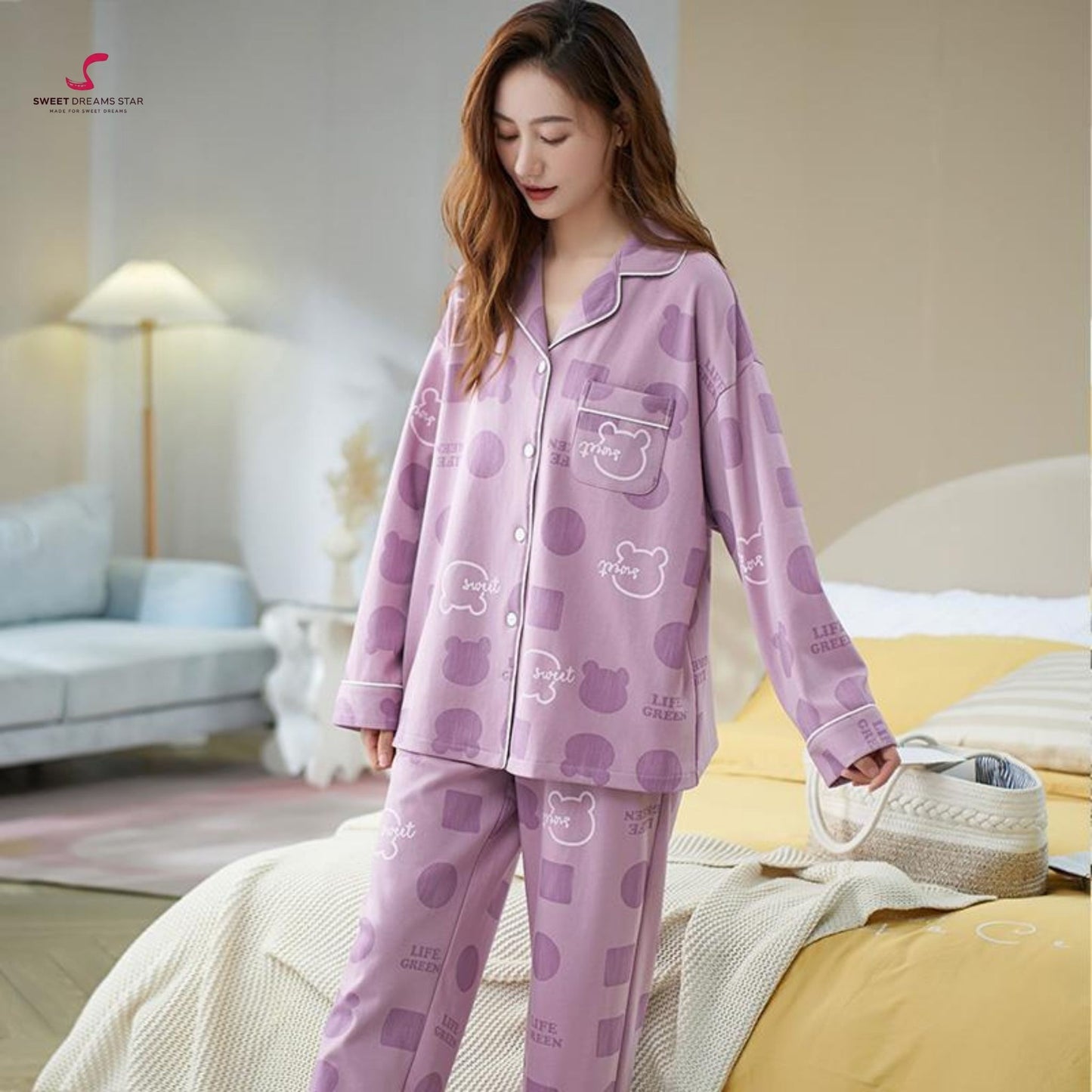 Bear & Geometric Print Full-Length Pyjama Set