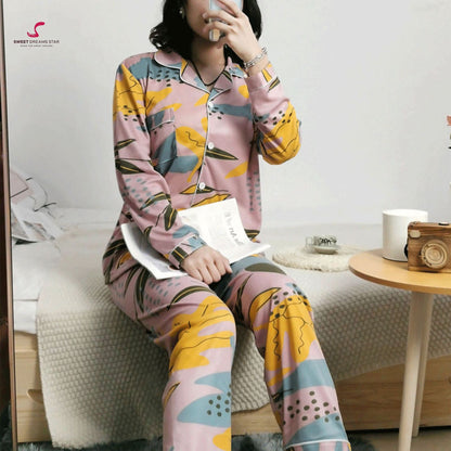 Abstract Leaf & Brushstroke Print Full-Length Pyjama Set