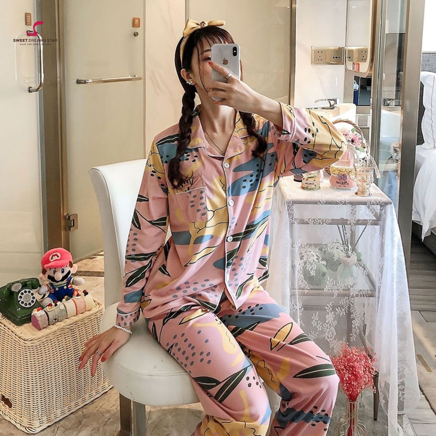 Abstract Leaf & Brushstroke Print Full-Length Pyjama Set