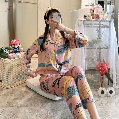 Abstract Leaf & Brushstroke Print Full-Length Pyjama Set