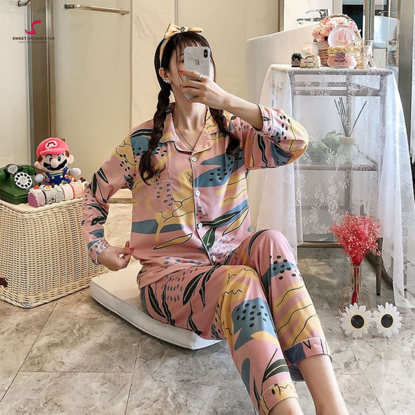 Abstract Leaf & Brushstroke Print Full-Length Pyjama Set