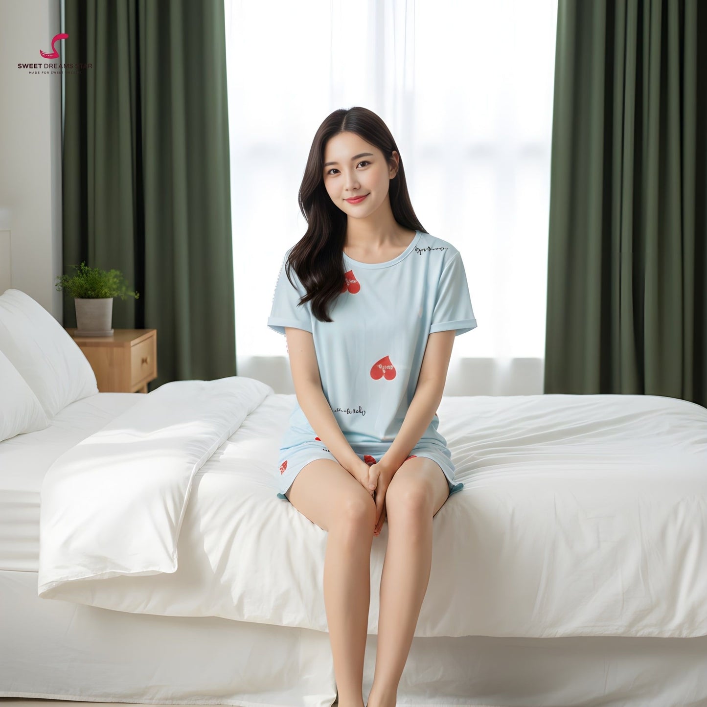 Women’s Heart Print Short Pyjama Set – Light Blue