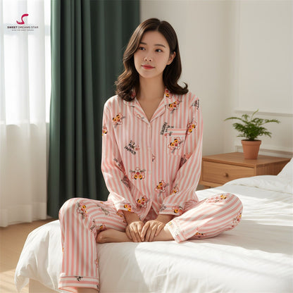 Striped Cartoon Character Print Full-Length Pyjama Set