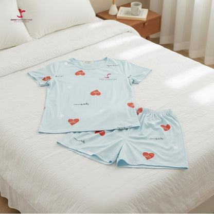 Women’s Heart Print Short Pyjama Set – Light Blue