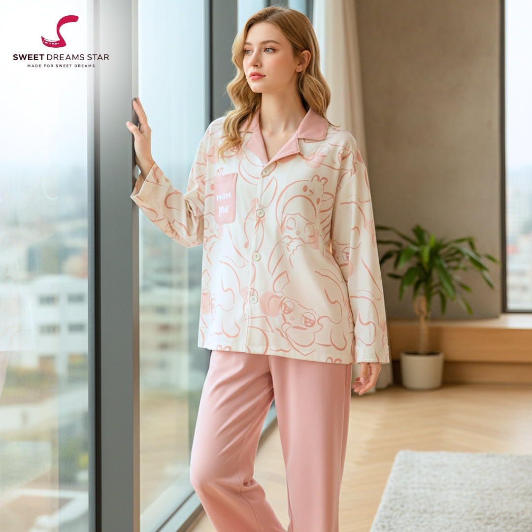 Women's Pastel Doodle Character Pajama Set | Ultimate Comfort Wear | FREE SHIPPING
