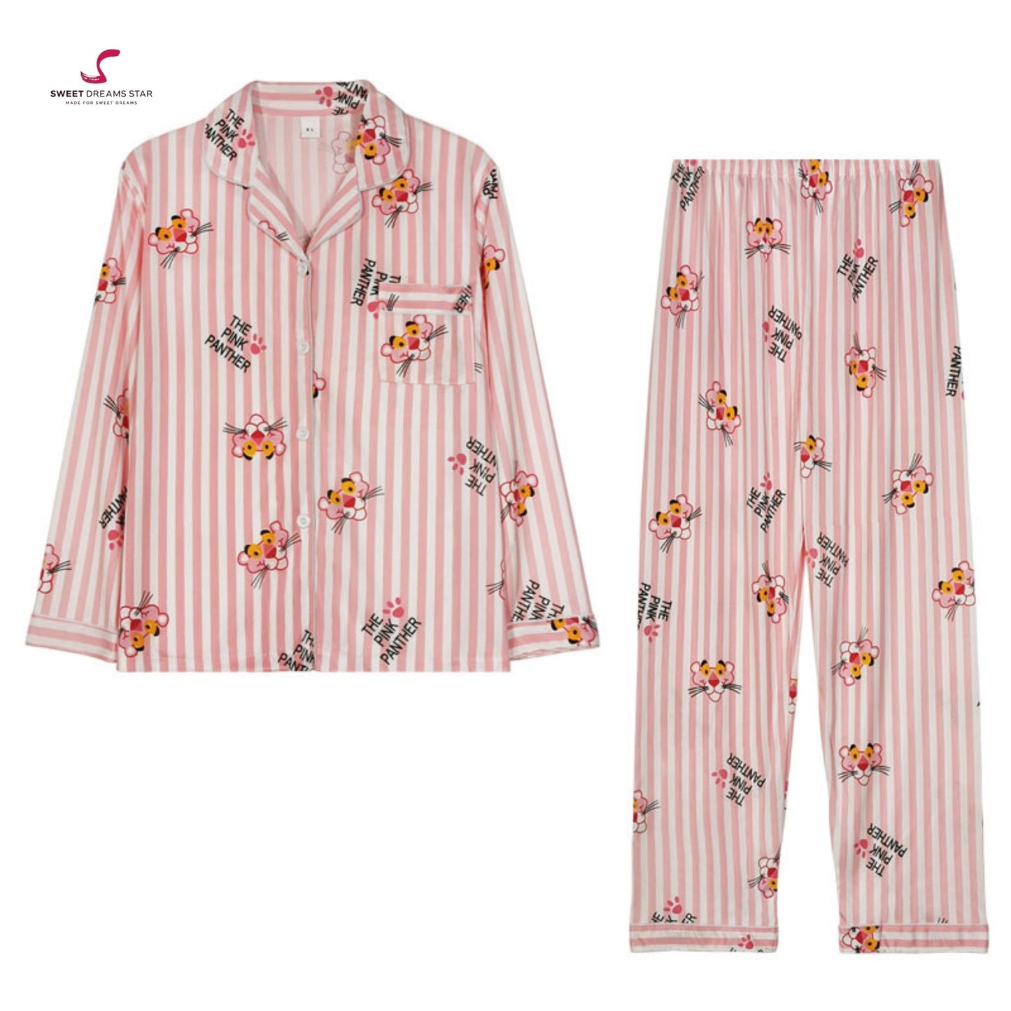Striped Cartoon Character Print Full-Length Pyjama Set