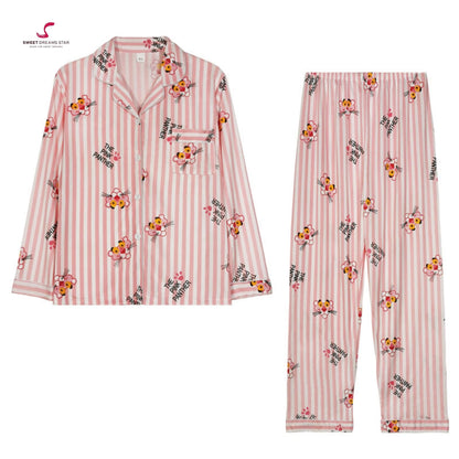 Striped Cartoon Character Print Full-Length Pyjama Set