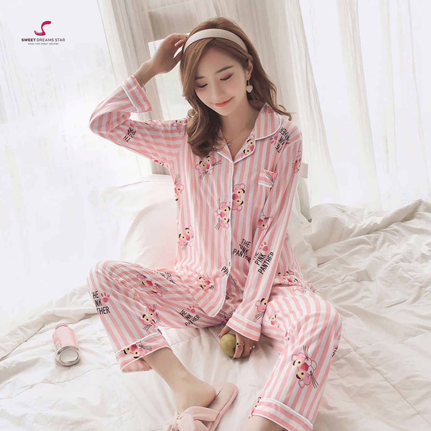 Striped Cartoon Character Print Full-Length Pyjama Set