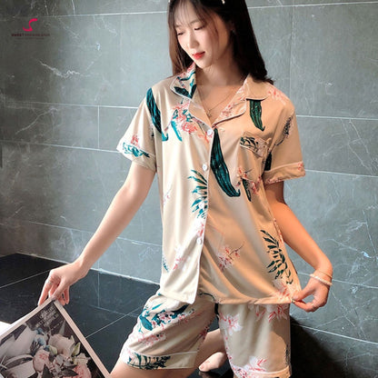 Floral Botanical Print Short Sleeve Pyjama Shorts Set