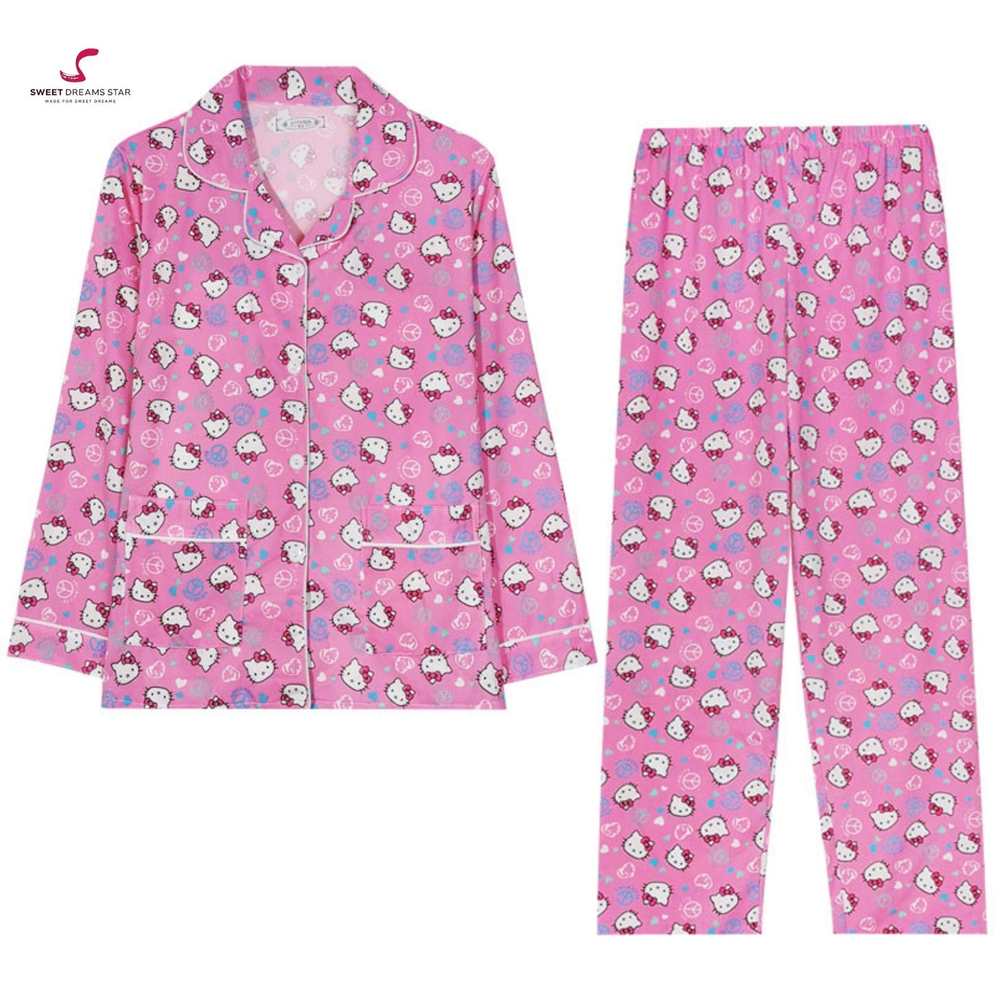 Cute Cat Character Print Full-Length Pyjama Set