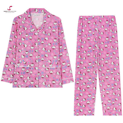Cute Cat Character Print Full-Length Pyjama Set
