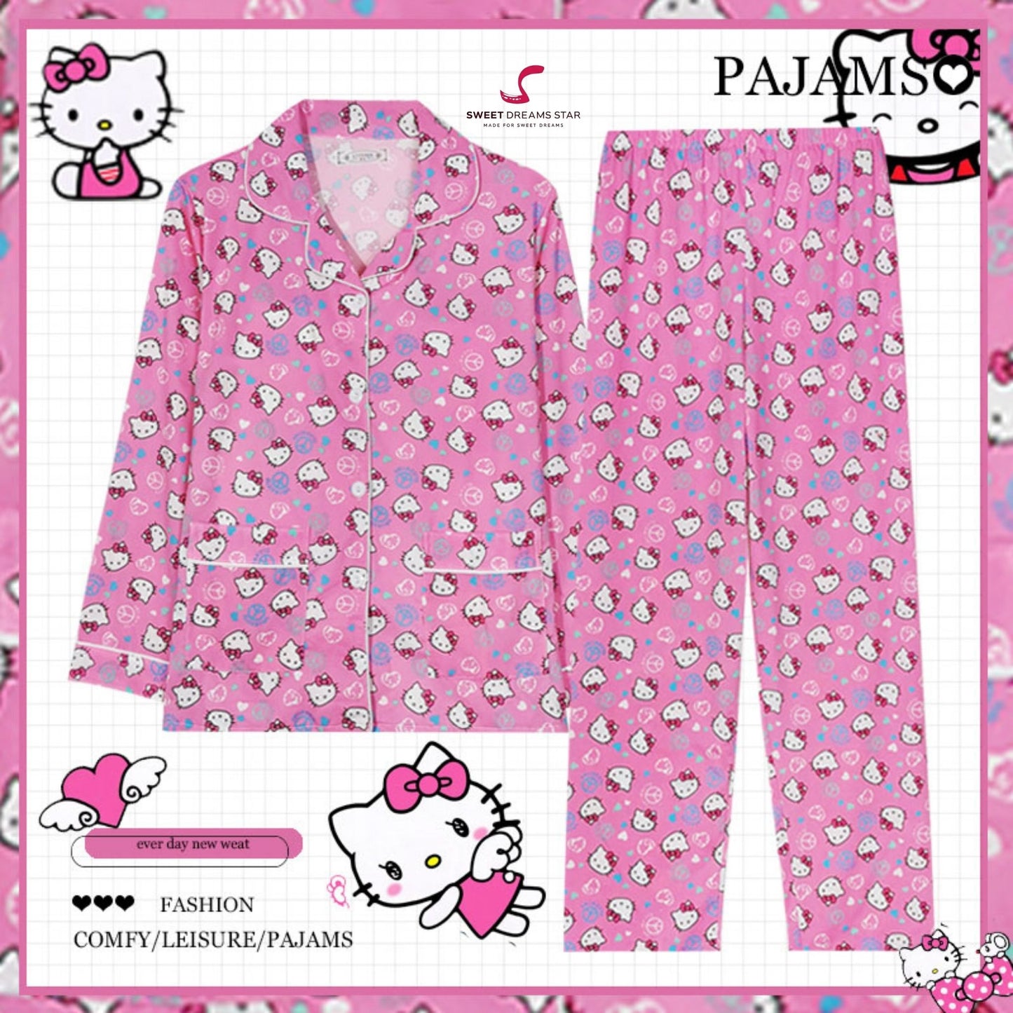 Cute Cat Character Print Full-Length Pyjama Set