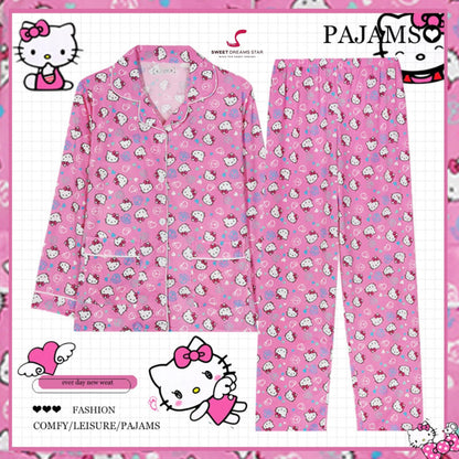 Cute Cat Character Print Full-Length Pyjama Set