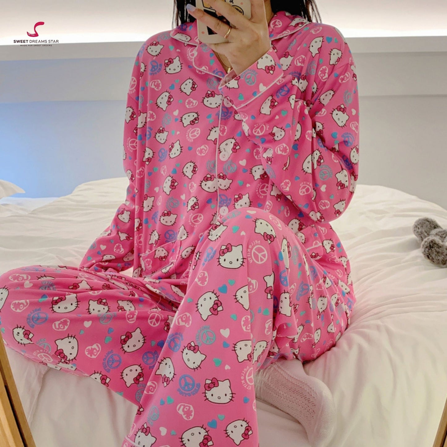 Cute Cat Character Print Full-Length Pyjama Set