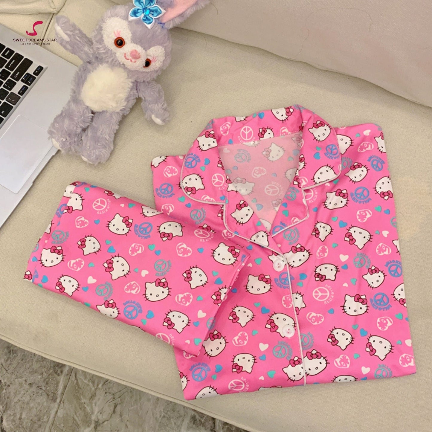 Cute Cat Character Print Full-Length Pyjama Set