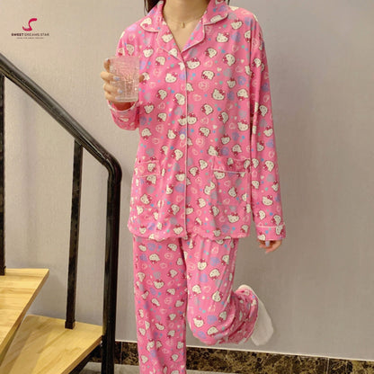 Cute Cat Character Print Full-Length Pyjama Set