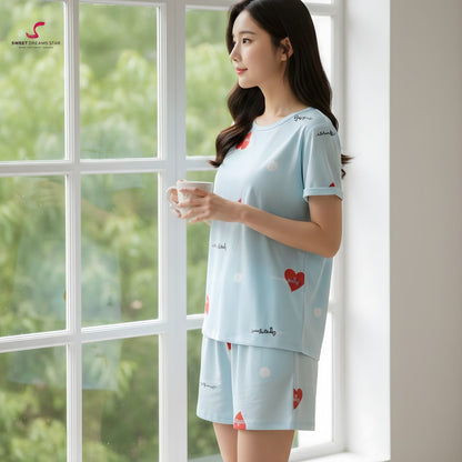 Women’s Heart Print Short Pyjama Set – Light Blue