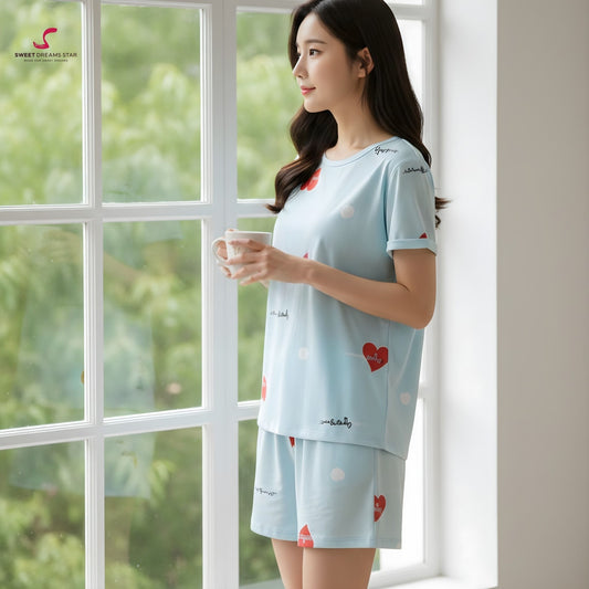 Women’s Heart Print Short Pyjama Set – Light Blue