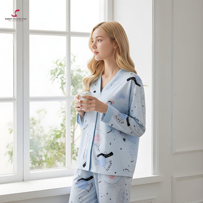 Luxury Celestial Galaxy Print V-Neck Full-Length Pyjama Set
