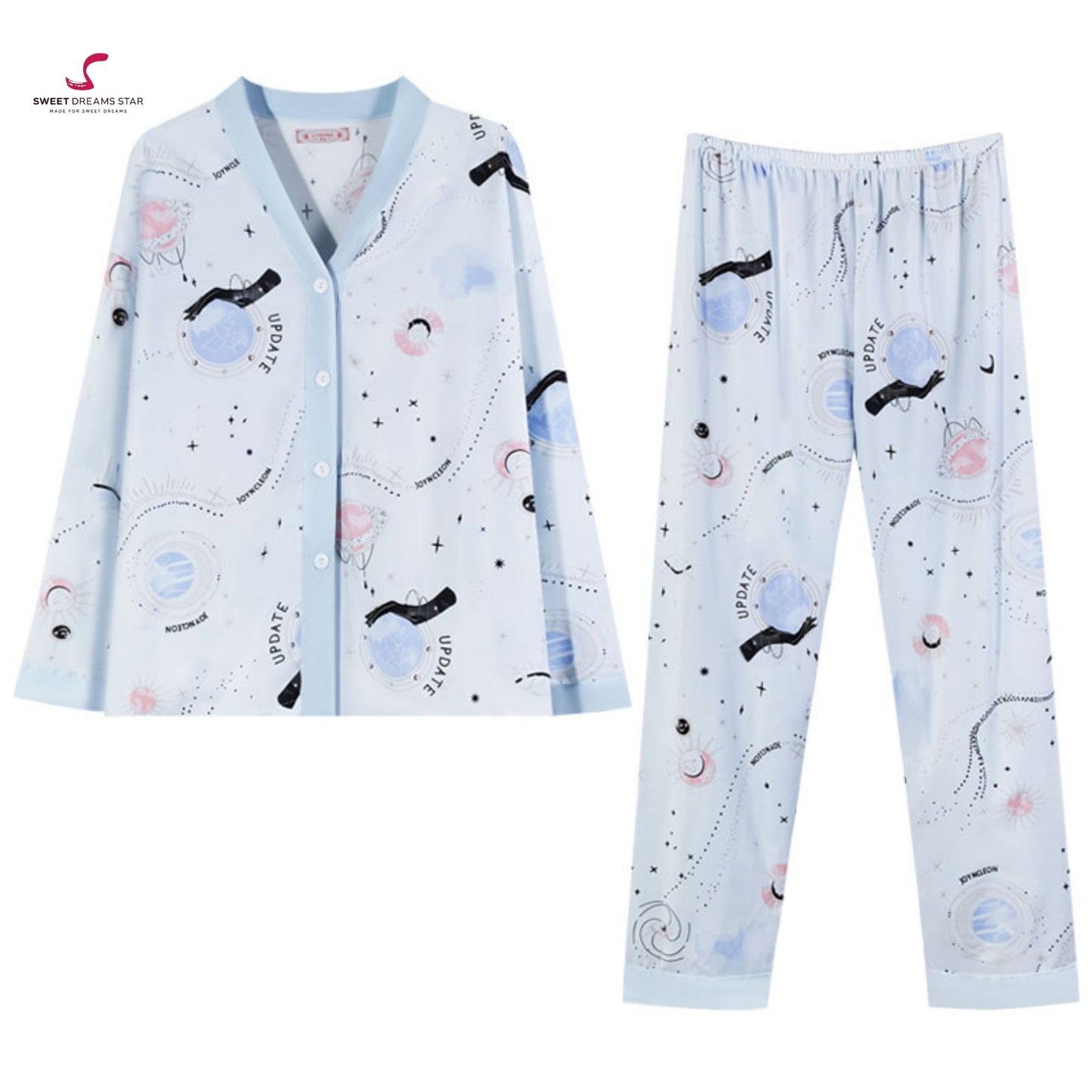 Luxury Celestial Galaxy Print V-Neck Full-Length Pyjama Set