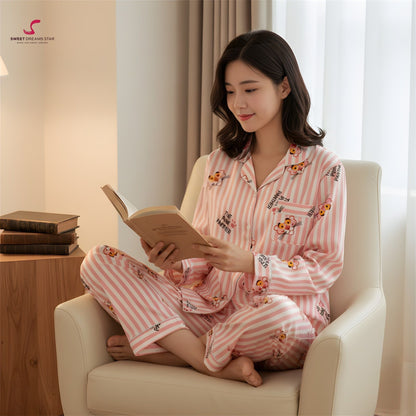 Striped Cartoon Character Print Full-Length Pyjama Set