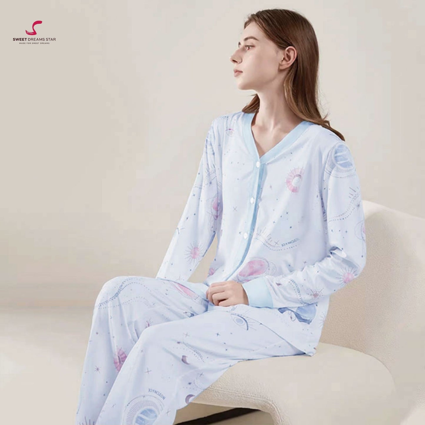 Luxury Celestial Galaxy Print V-Neck Full-Length Pyjama Set