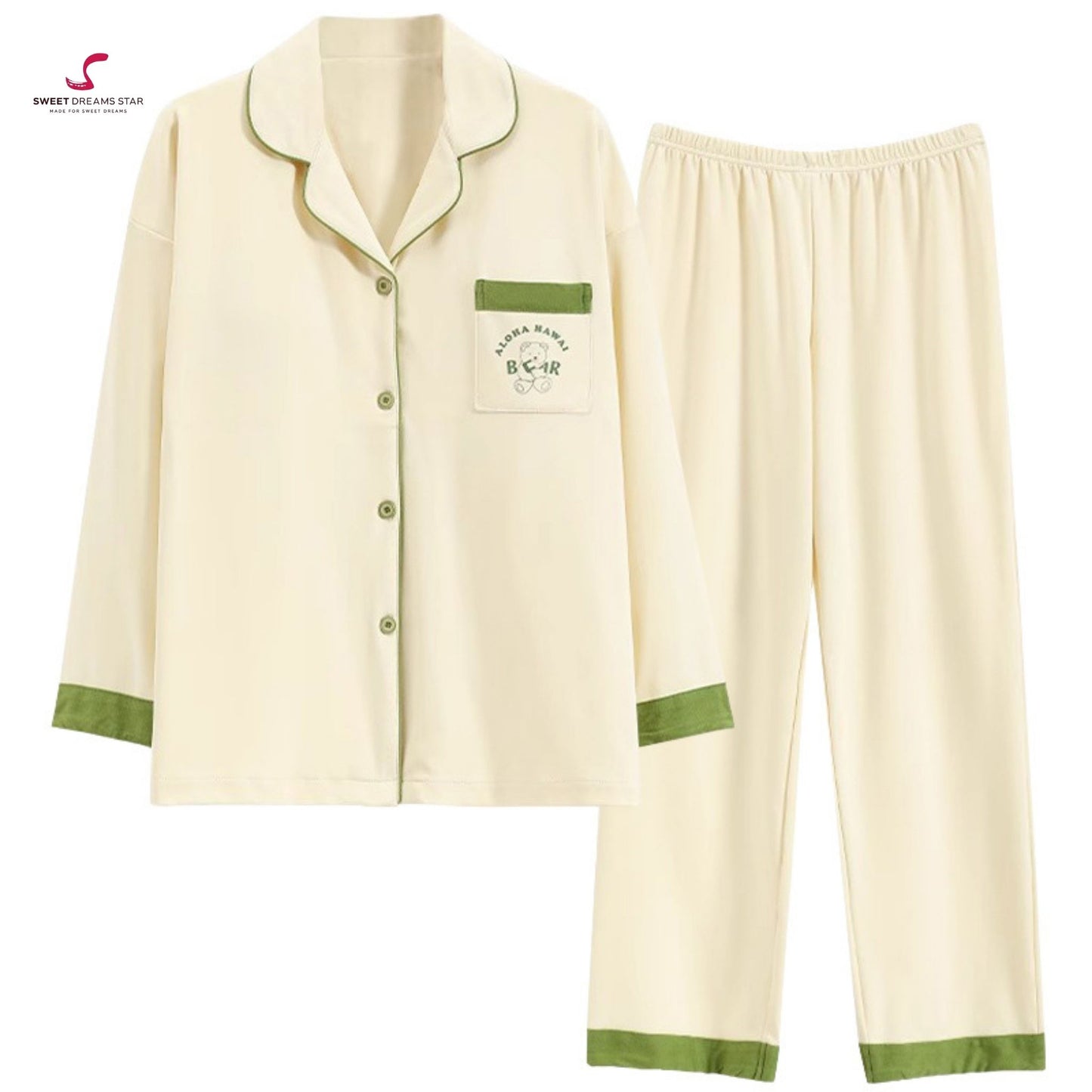Luxury "Aloha Bear" Embroidered Full-Length Pyjama Set