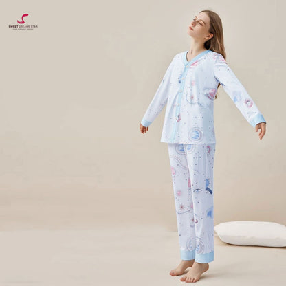 Luxury Celestial Galaxy Print V-Neck Full-Length Pyjama Set
