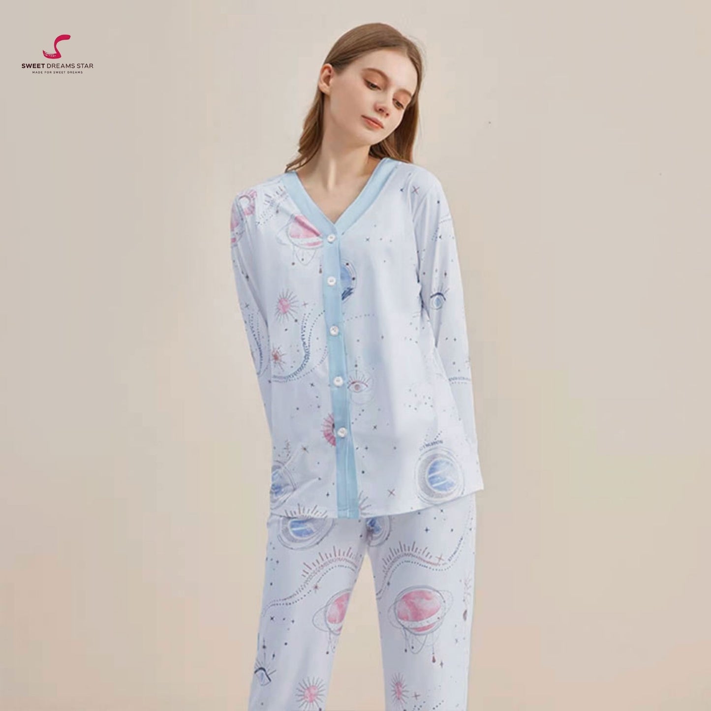 Luxury Celestial Galaxy Print V-Neck Full-Length Pyjama Set