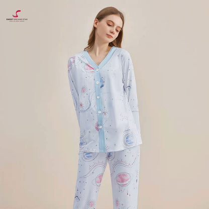 Luxury Celestial Galaxy Print V-Neck Full-Length Pyjama Set