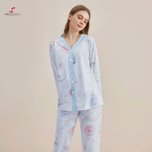 Luxury Celestial Galaxy Print V-Neck Full-Length Pyjama Set