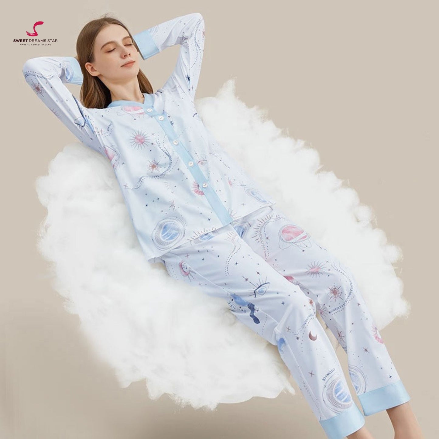 Luxury Celestial Galaxy Print V-Neck Full-Length Pyjama Set