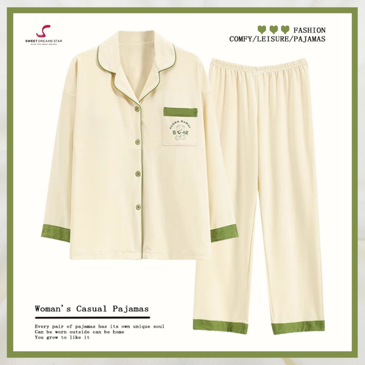Luxury "Aloha Bear" Embroidered Full-Length Pyjama Set