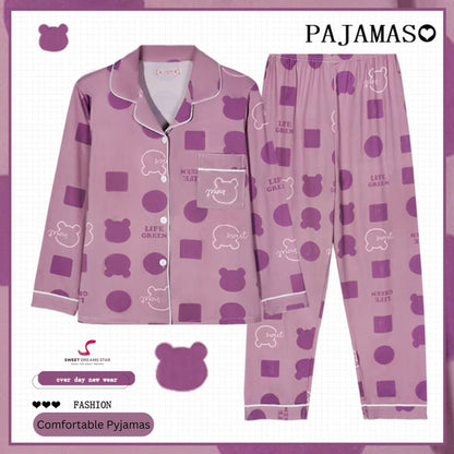 Bear & Geometric Print Full-Length Pyjama Set