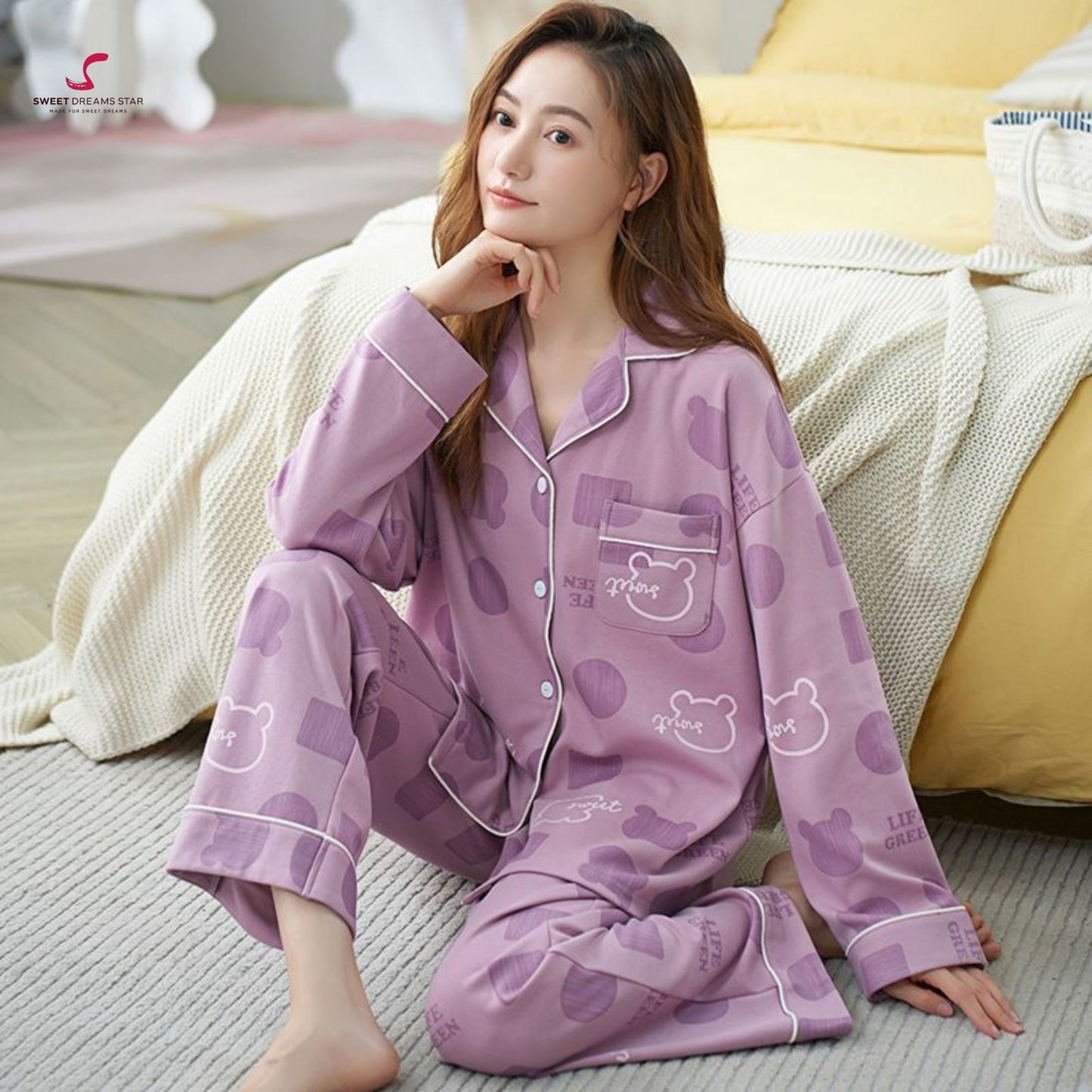 Bear & Geometric Print Full-Length Pyjama Set
