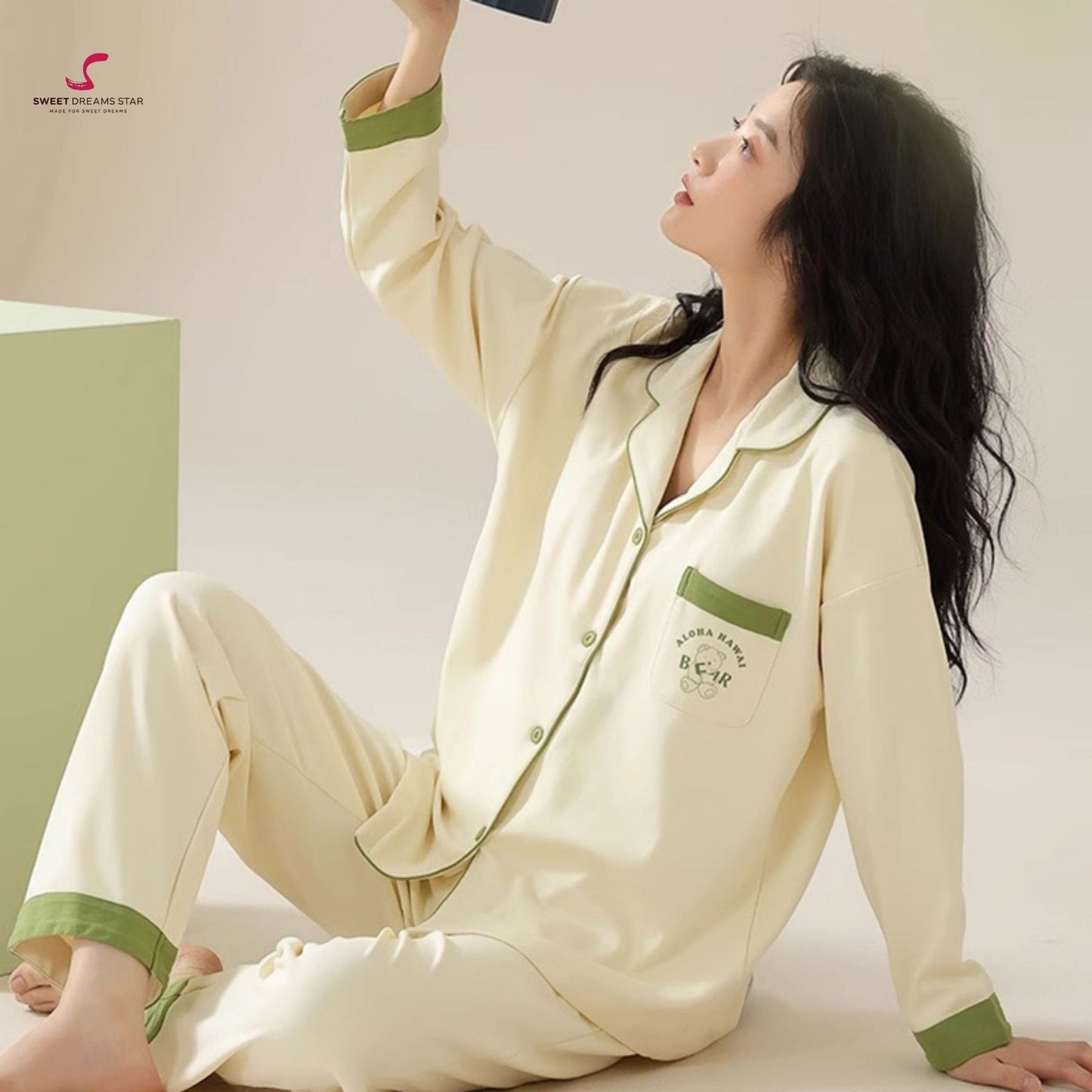 Luxury "Aloha Bear" Embroidered Full-Length Pyjama Set