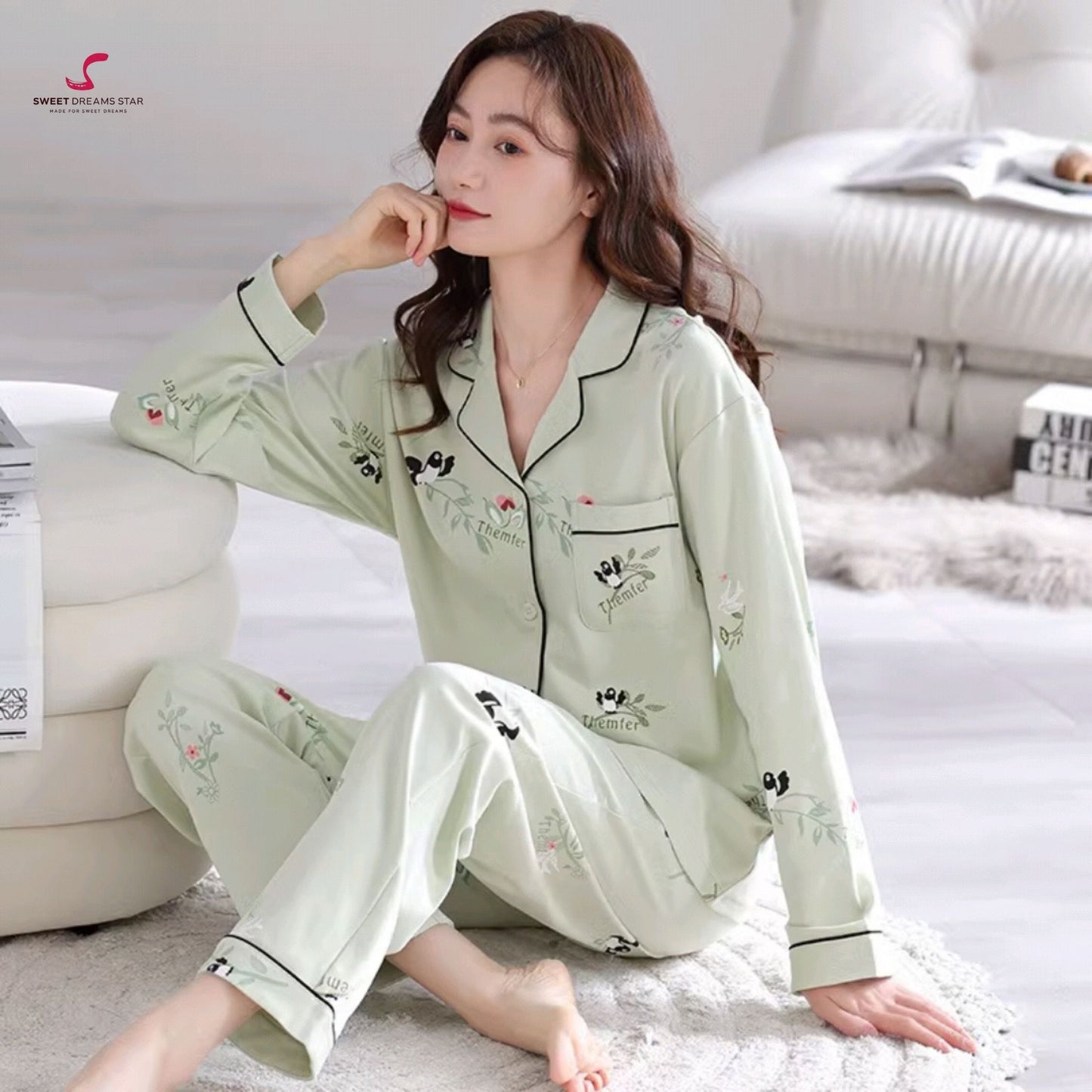 Luxury Bird & Botanical Print Full-Length Pyjama Set