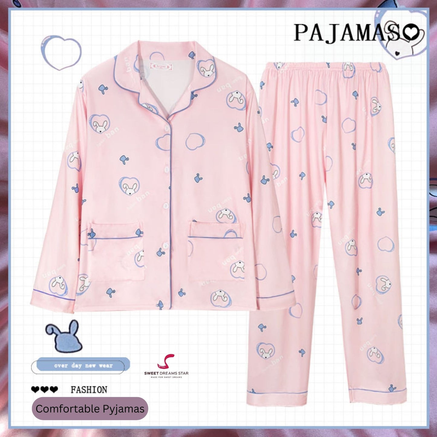 Luxury Bunny & Heart Print Full-Length Pyjama Set