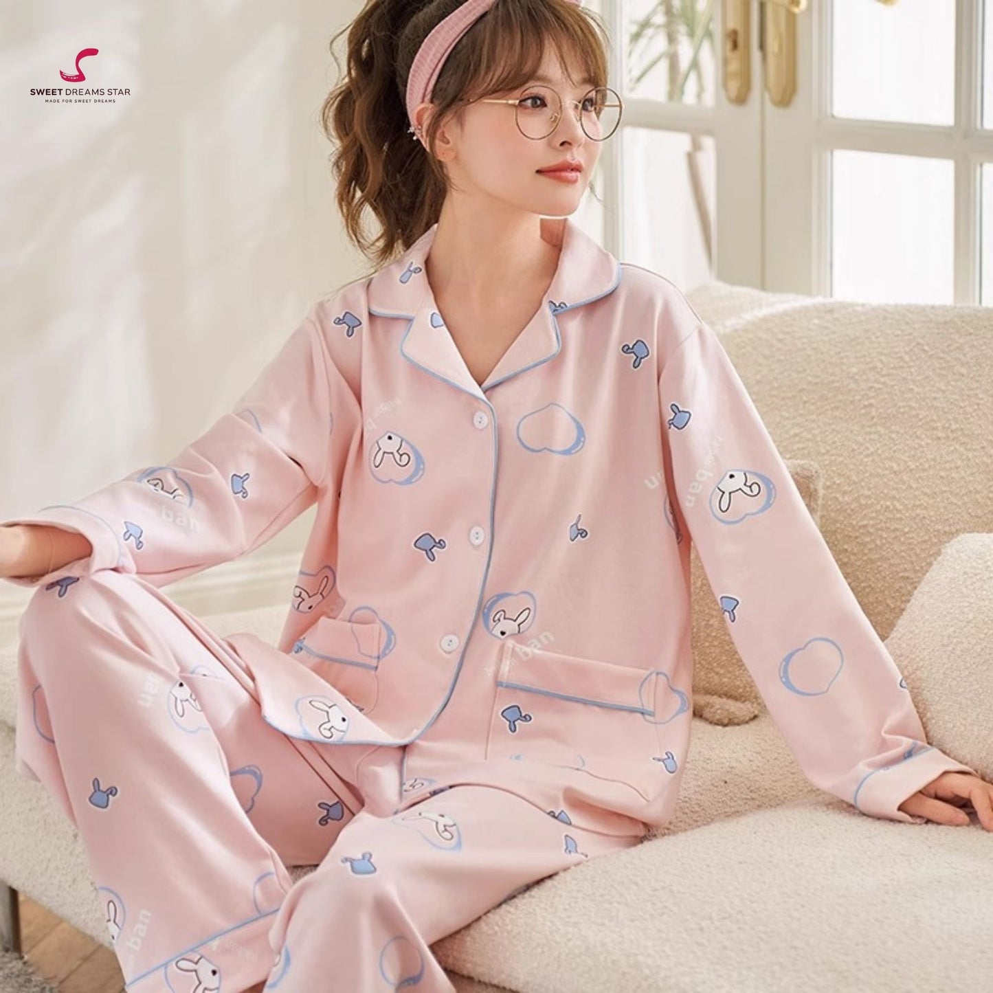 Luxury Bunny & Heart Print Full-Length Pyjama Set