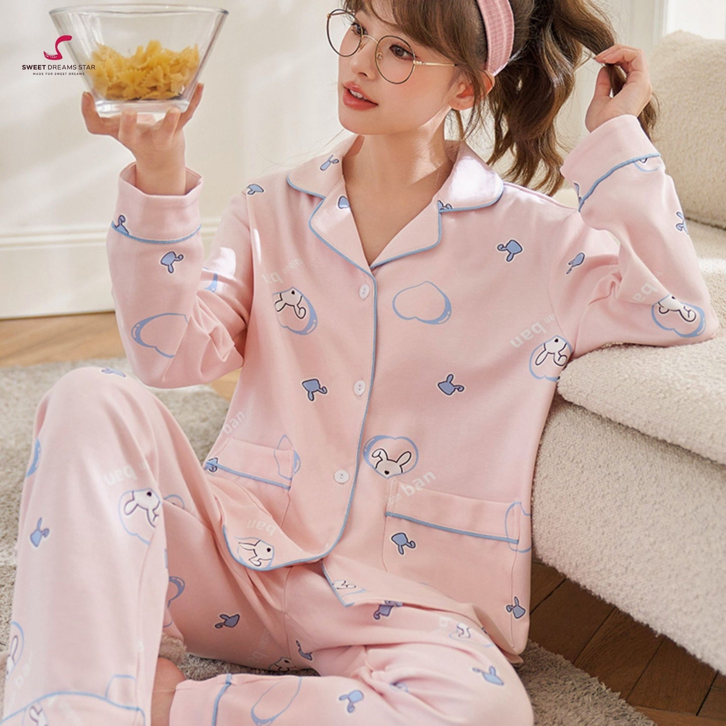 Luxury Bunny & Heart Print Full-Length Pyjama Set