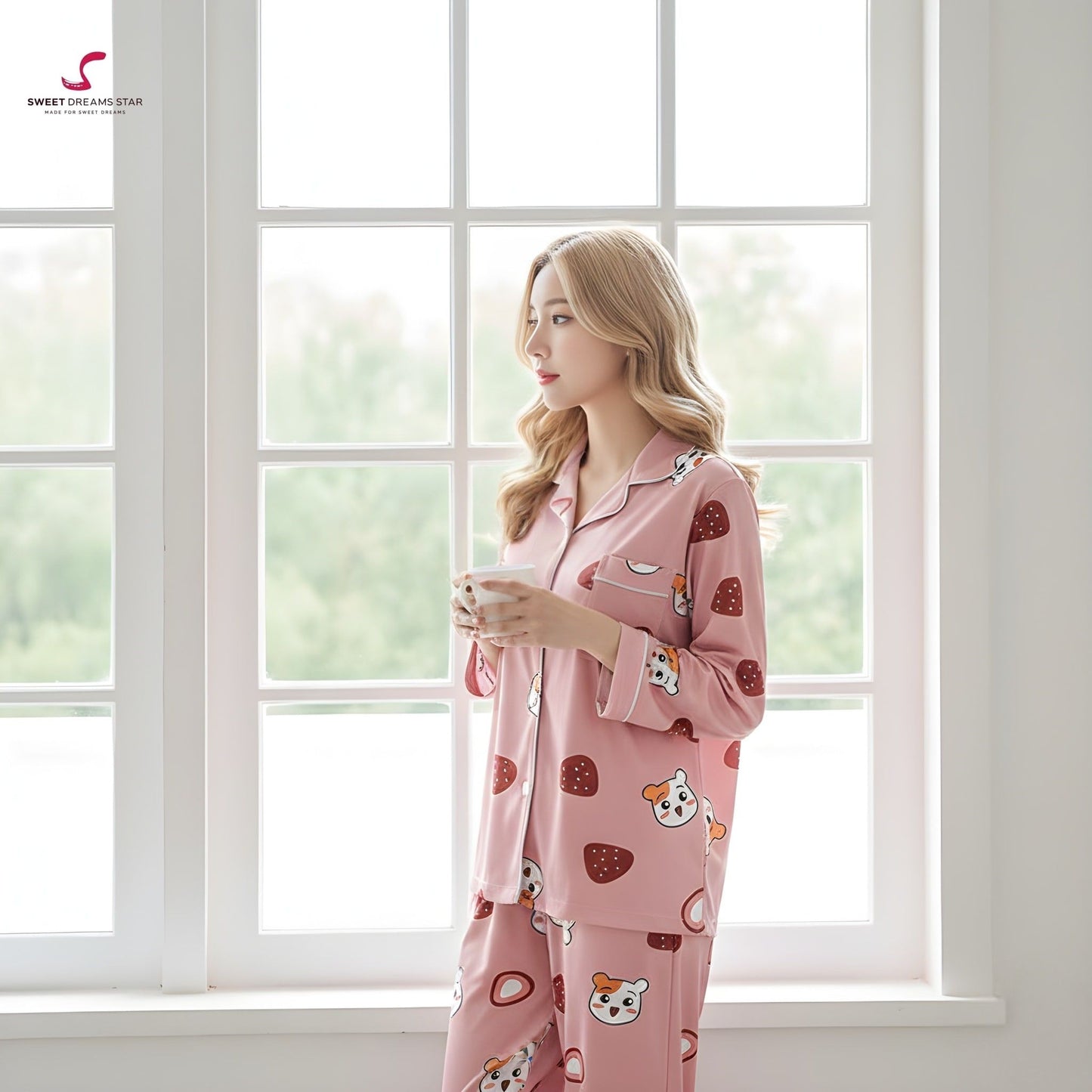 Cute Dog & Strawberry Print Full-Length Pyjama Set