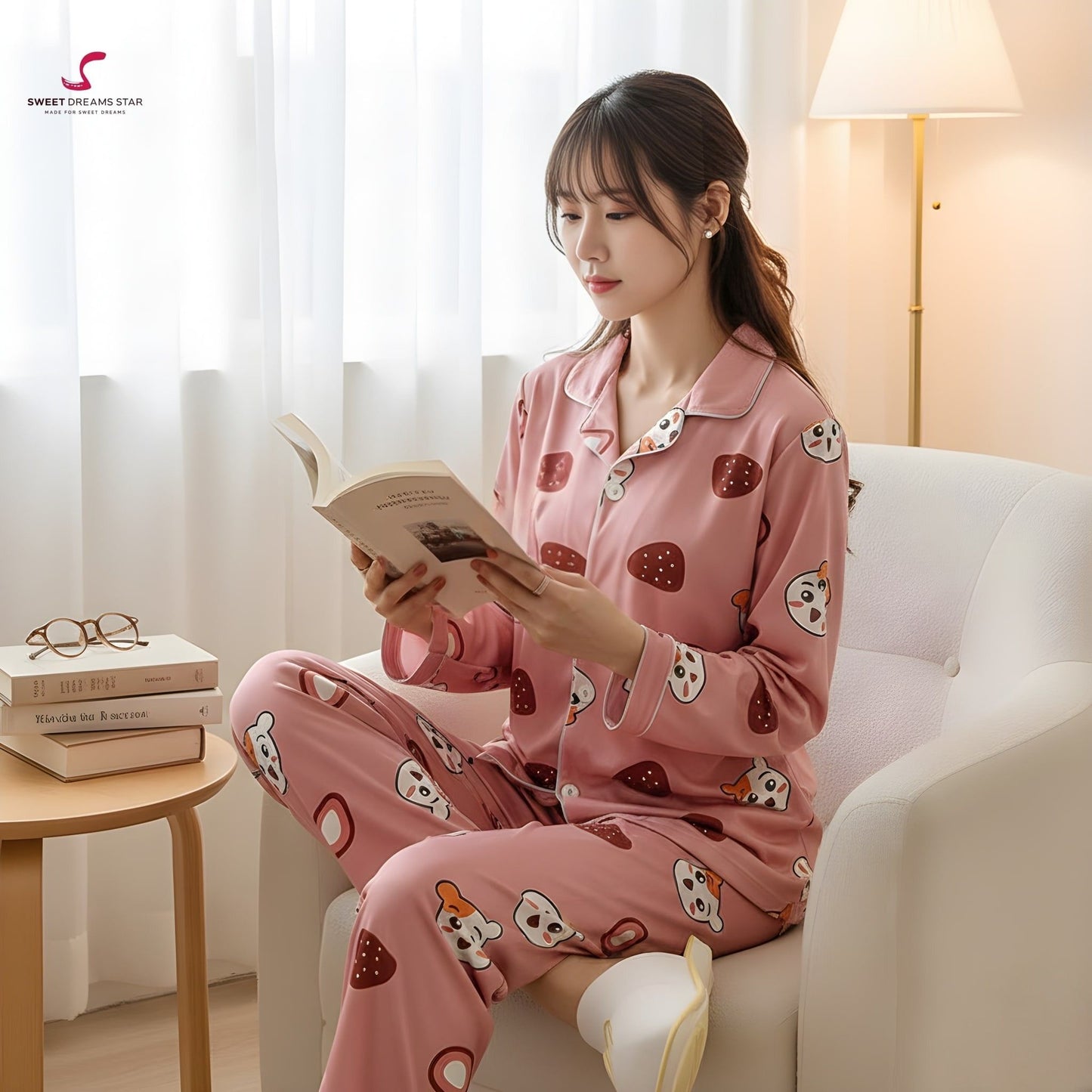 Cute Dog & Strawberry Print Full-Length Pyjama Set