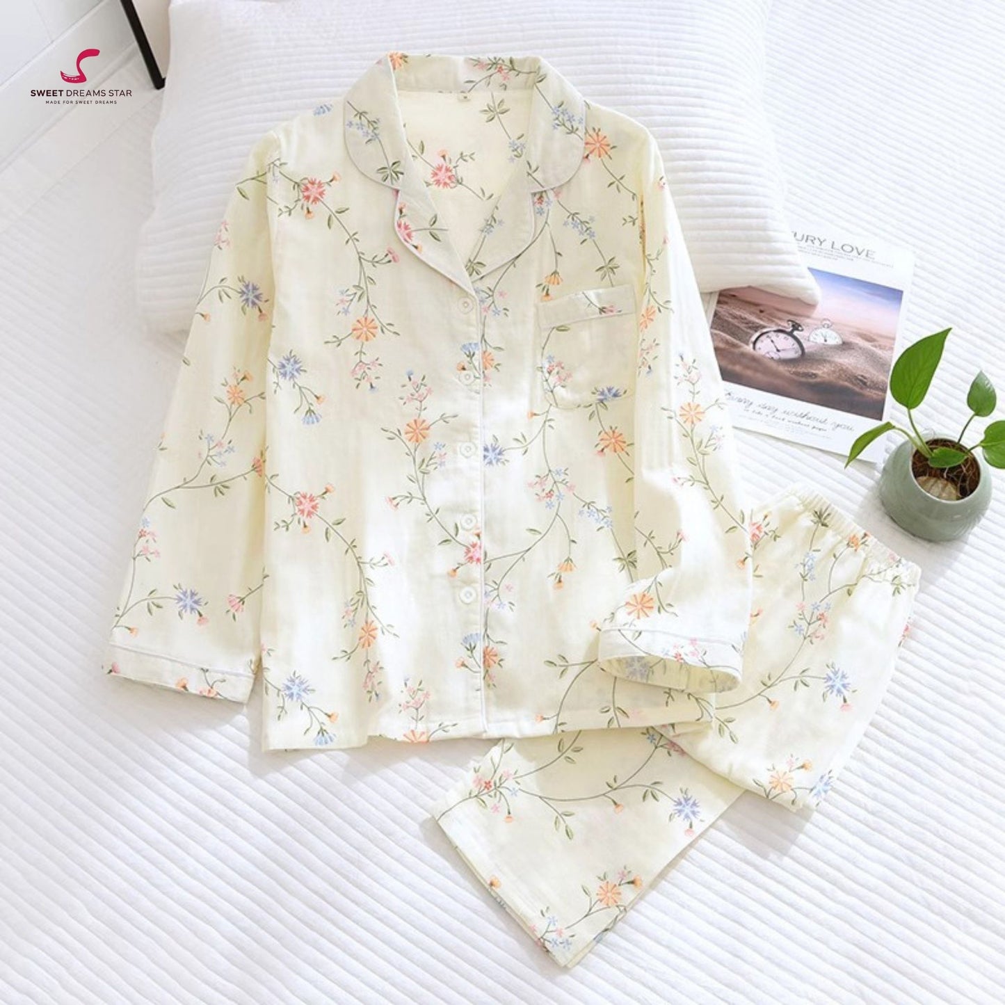 Luxury Delicate Floral Vine Print Full-Length Pyjama Set