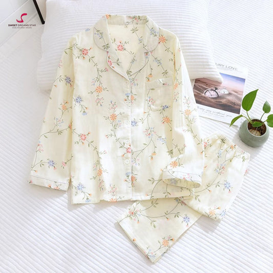 Luxury Delicate Floral Vine Print Full-Length Pyjama Set