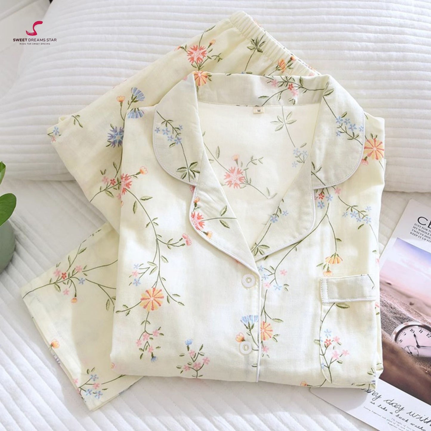Luxury Delicate Floral Vine Print Full-Length Pyjama Set