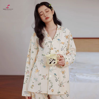 Luxury Delicate Floral Vine Print Full-Length Pyjama Set