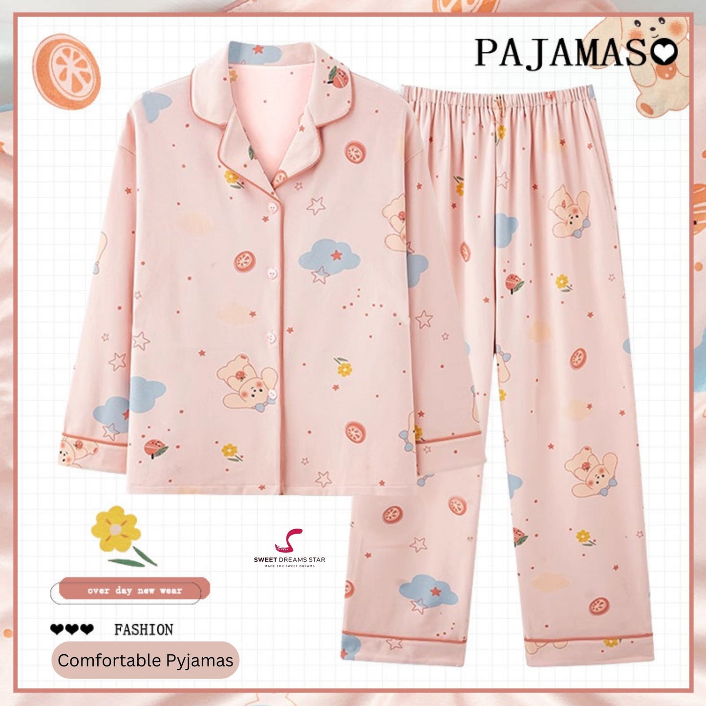 Luxury Bear & Dreamy Cloud Print Full-Length Pyjama Set